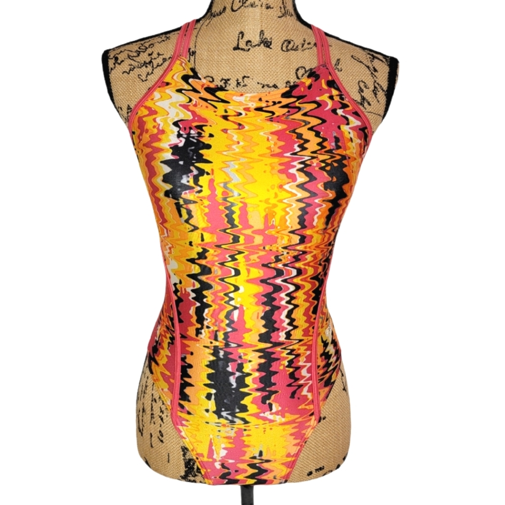 Speedo One Piece Performance Swimsuit Wave Print Sunset Orange Double Strap READ